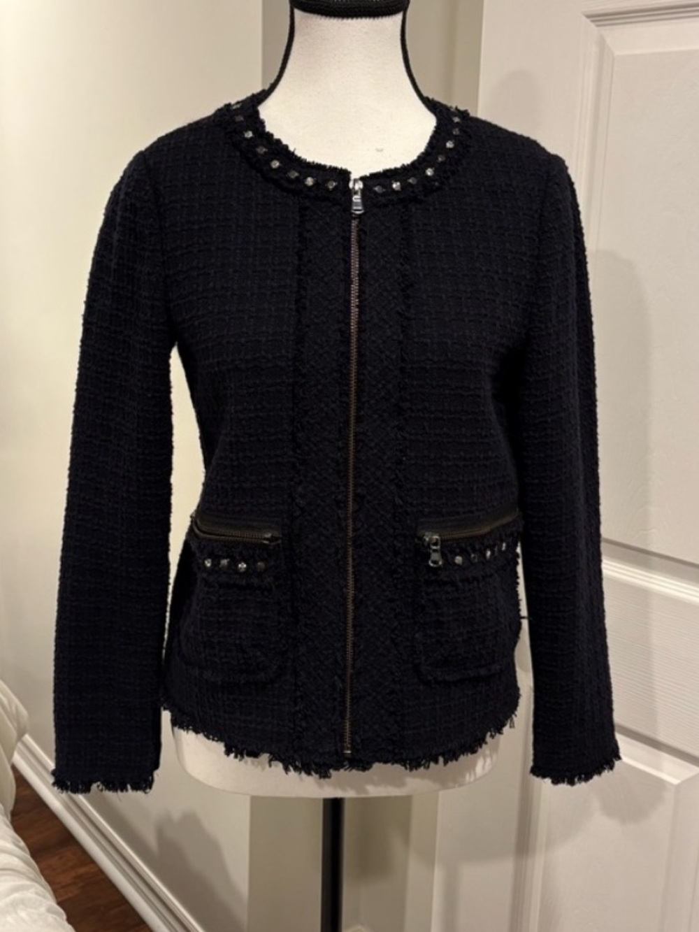 Rebecca Taylor Navy Tweed Jacket Size 4 Studded Zip Front Blazer